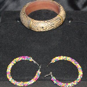Seed Bead Large Hoop Earrings & Animal Print Bangle Bracelet -Tribal Inspired-